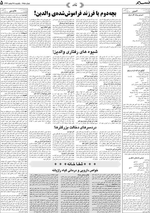 صفحه خانواده روزنامه نسیم شماره 785
